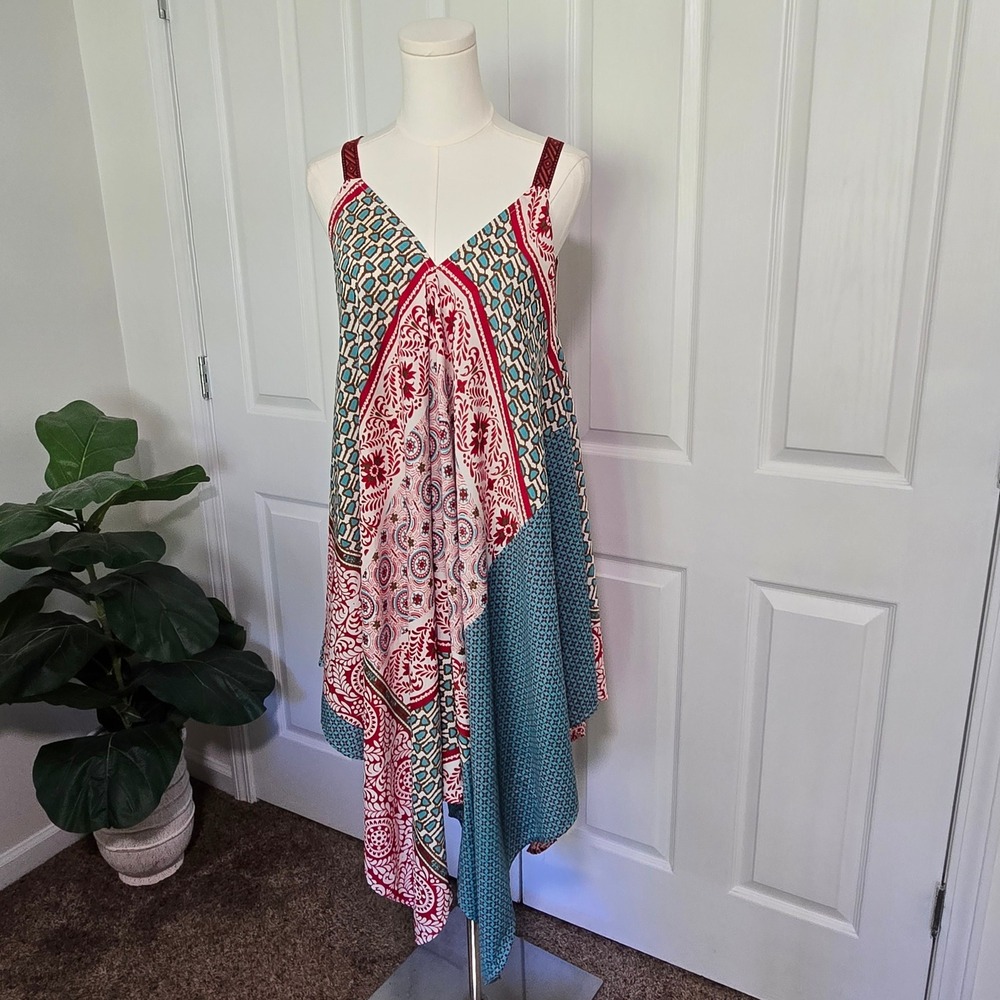 Mimi Sharkbite Dress Womens Medium Teal Red Mixed Print Boho Handkerchief Hem